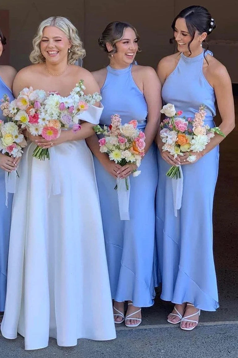Cheap Halter Satin Bridesmaid Dress Sky Blue Maxi Guest Dress Mychicdress