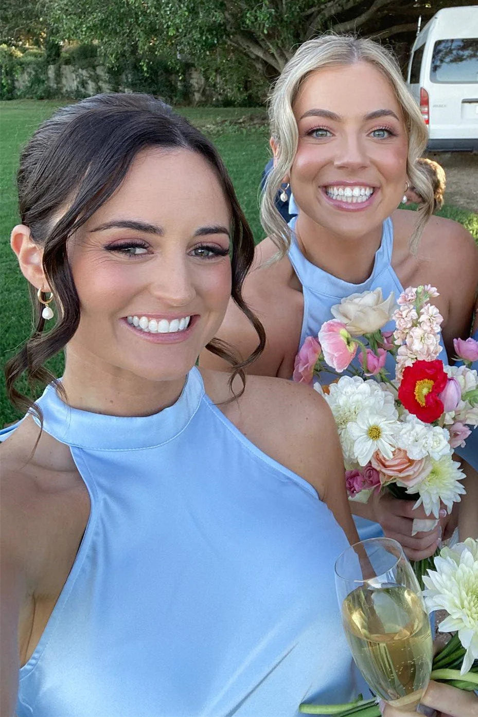 Cheap Halter Satin Bridesmaid Dress Sky Blue Maxi Guest Dress Mychicdress