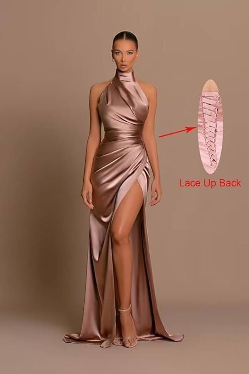 Cheap High Neck Satin Prom Dress UK  Evening Dress with Slit Mychicdress