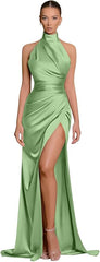 Cheap High Neck sage green Prom Dress UK Pleated  Evening Dress with Slit Mychicdress