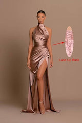 Cheap High Neck Satin Prom Dress UK  Evening Dress with Slit Mychicdress