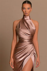 Cheap High Neck Satin Prom Dress UK with Slit Mychicdress