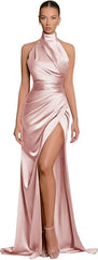 Cheap High Neck Satin Prom Dress UK Blush pink Mychicdress