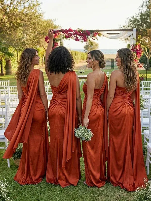 Cheap Mismatched Bridesmaid Dress Burnt Orange Pleated Mermaid