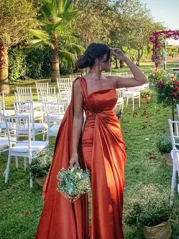 Cheap Mismatched Bridesmaid Dress Burnt Orange Pleated Mermaid
