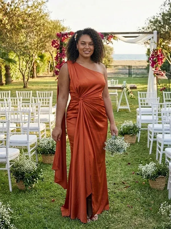 Cheap Mismatched Bridesmaid Dress Burnt Orange Pleated Mermaid
