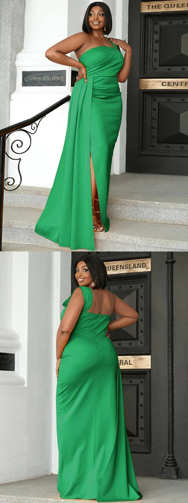 Cheap One Shoulder Green Satin Wedding Party Dress Mermaid Mychicdress