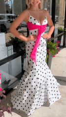 Cheap Polka Dot Prom Dresses Mermaid Spaghetti Straps Fuchsia Belt