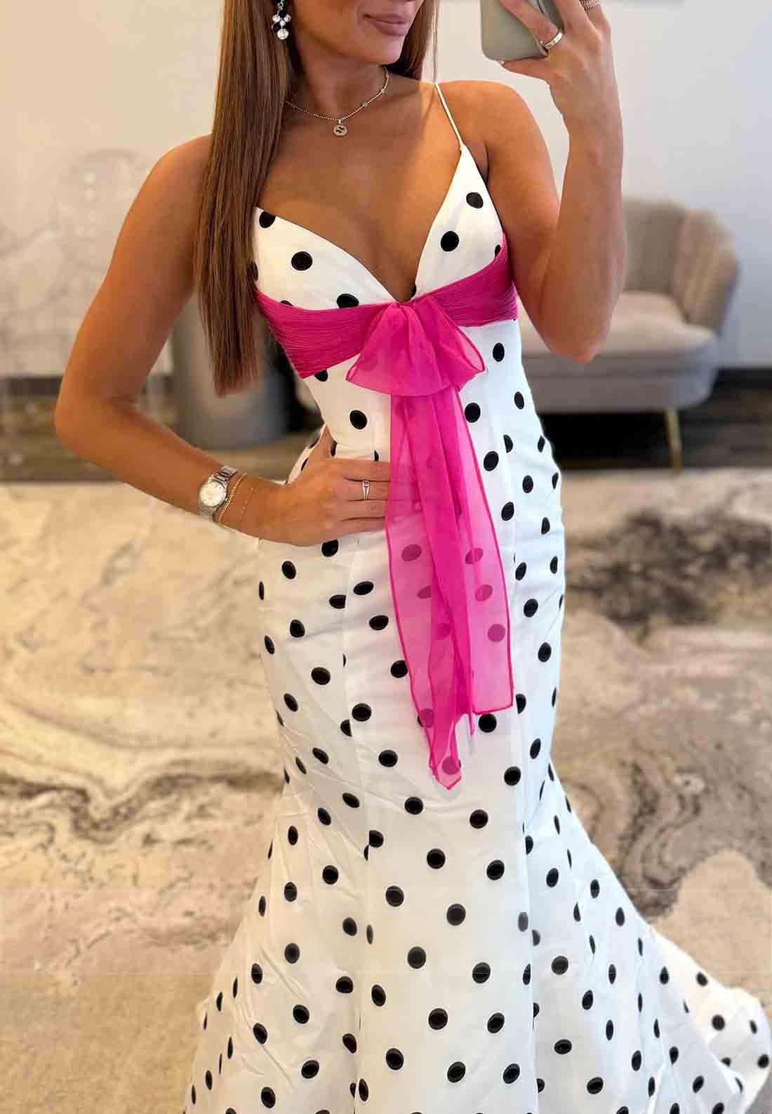 Cheap Polka Dot Prom Dresses Mermaid with pink sash