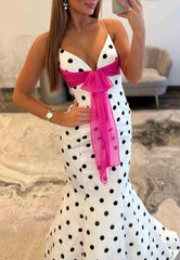 Cheap Polka Dot Prom Dresses Mermaid with pink sash