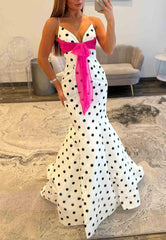 Cheap Polka Dot Prom Dresses Mermaid with pink sash