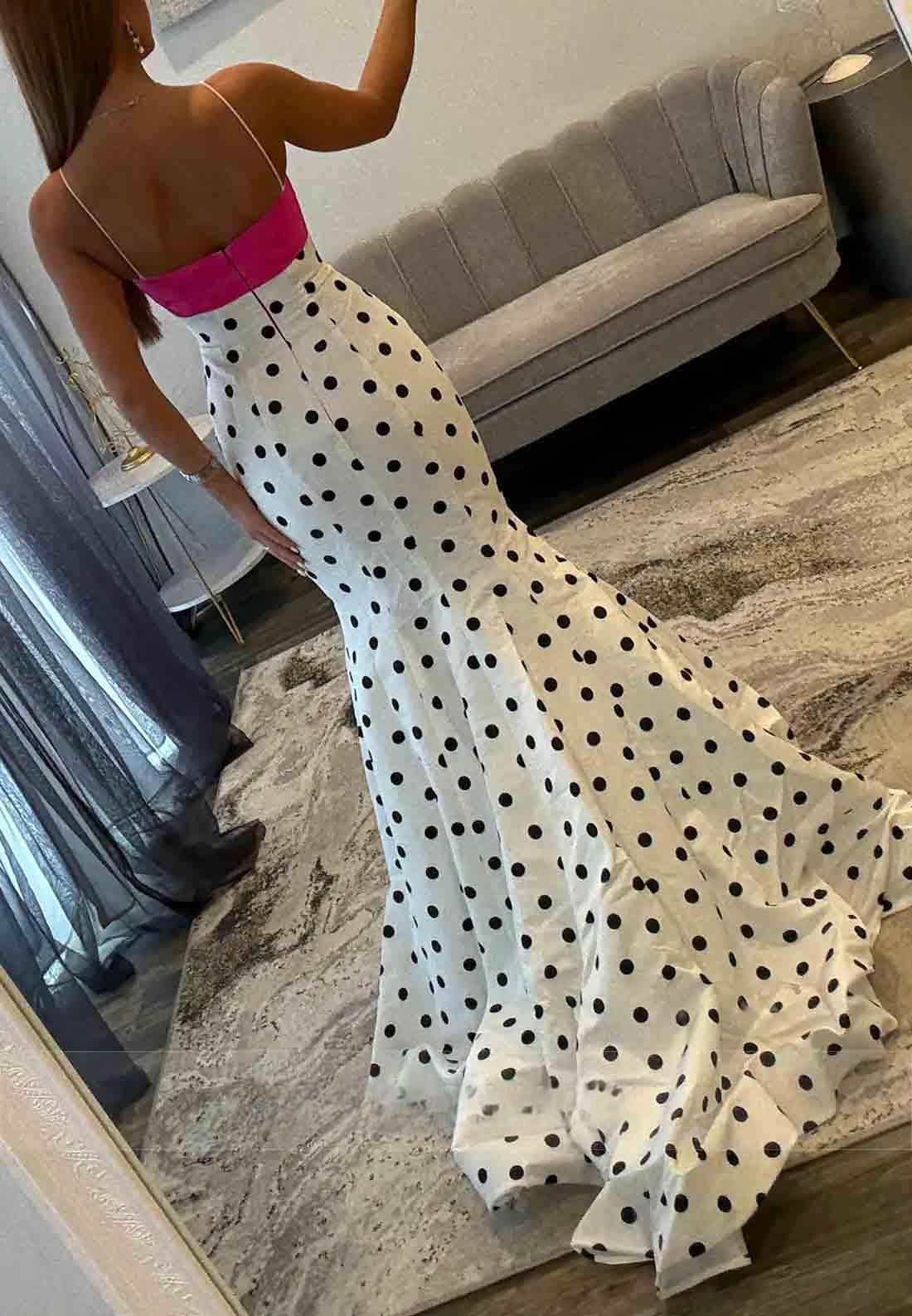 Cheap Polka Dot Prom Dresses Mermaid with pink sash