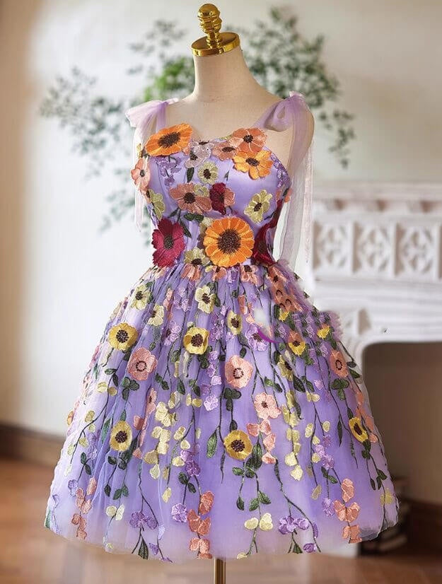 Cheap Purple Hoco Dress Colorful Flowers A-Line Cocktail Dress