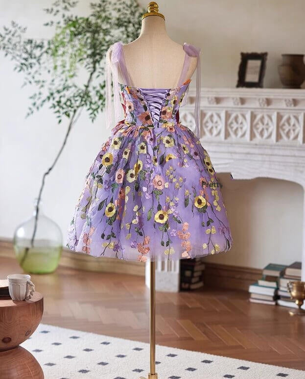 Cheap Purple Hoco Dress Colorful Flowers A-Line Cocktail Dress