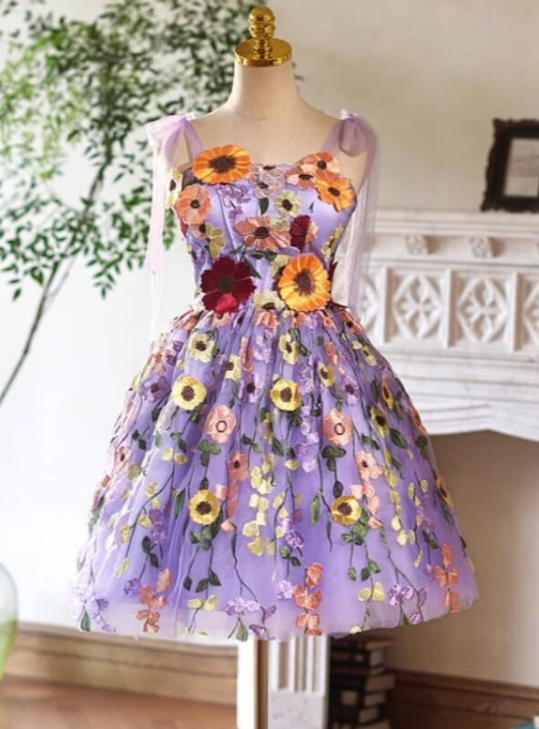Cheap Purple Hoco Dress Colorful Flowers A-Line Cocktail Dress