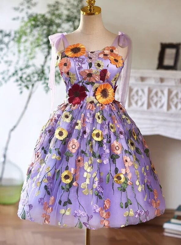 Cheap Purple Hoco Dress Colorful Flowers A-Line Cocktail Dress