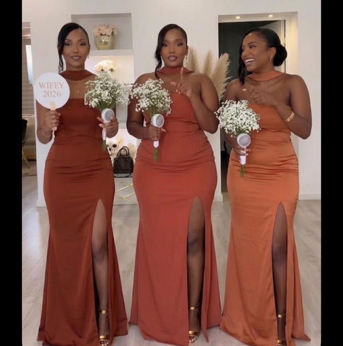 Boho Rust Orange Mermaid Bridesmaid Dress with High Slit Halter Neck