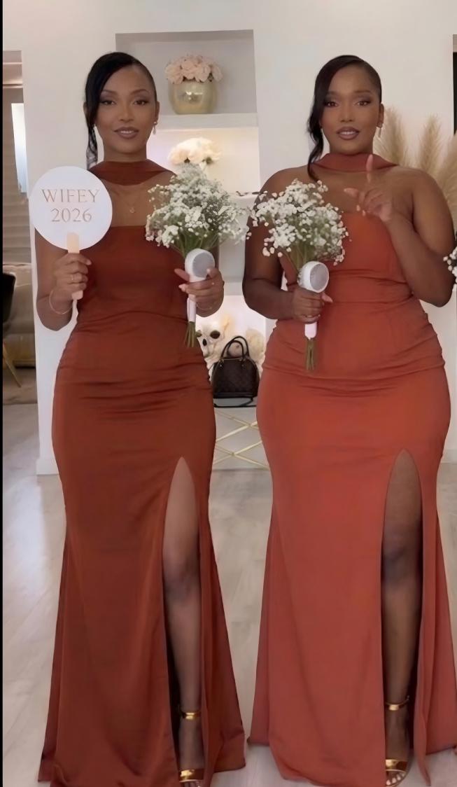 Boho Rust Orange Mermaid Bridesmaid Dress with High Slit Halter Neck