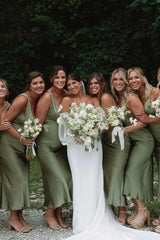 Cheap Satin Olive Bridesmaid Dress beach V-Neck Straps Sleeveless Mychicdress