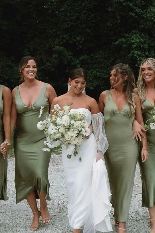 Cheap Satin Olive Bridesmaid Dress beach V-Neck Straps Sleeveless Mychicdress