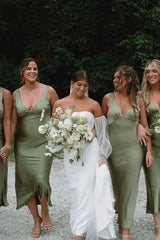 Cheap Satin Olive Bridesmaid Dress beach V-Neck Straps Sleeveless Mychicdress