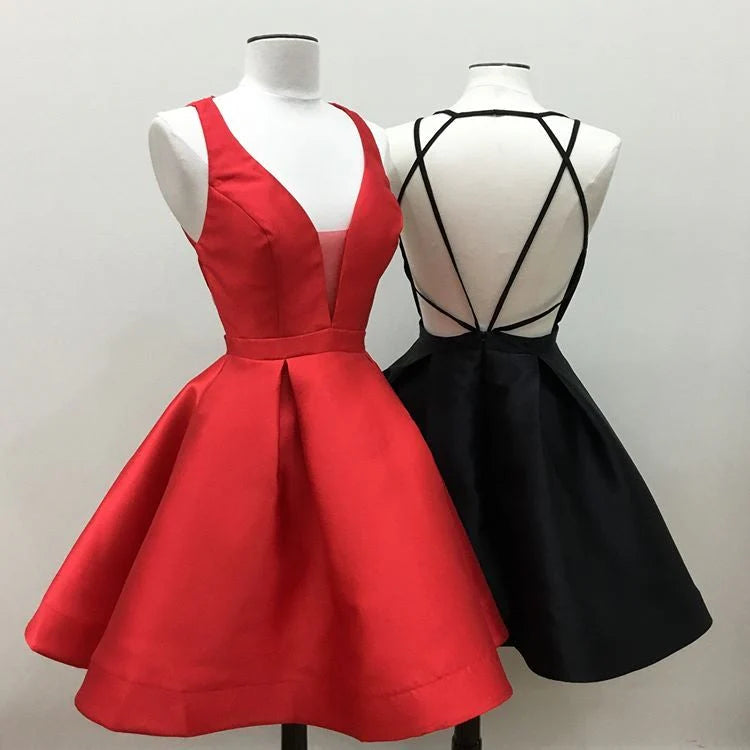 Cheap Satin Red Homecoming Dresses Short V Neck Prom Gowns