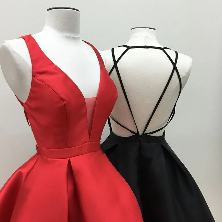 Cheap Satin Red Homecoming Dresses Short V Neck Prom Gowns