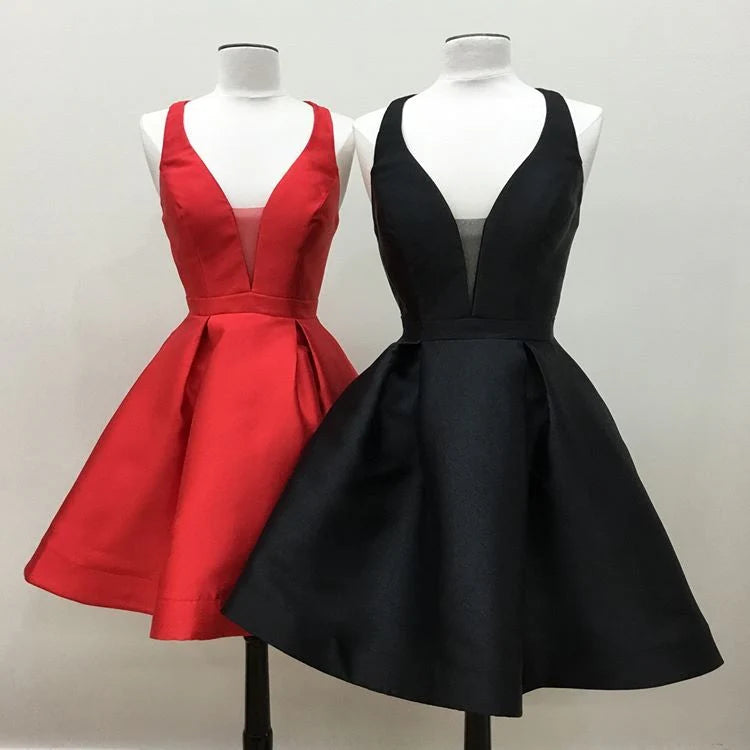Cheap Satin Red Homecoming Dresses Short V Neck Prom Gowns