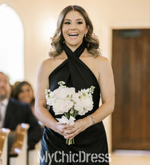 Cheap Sheath Halter Black Bridesmaid Dress Satin Backless Mychicdress