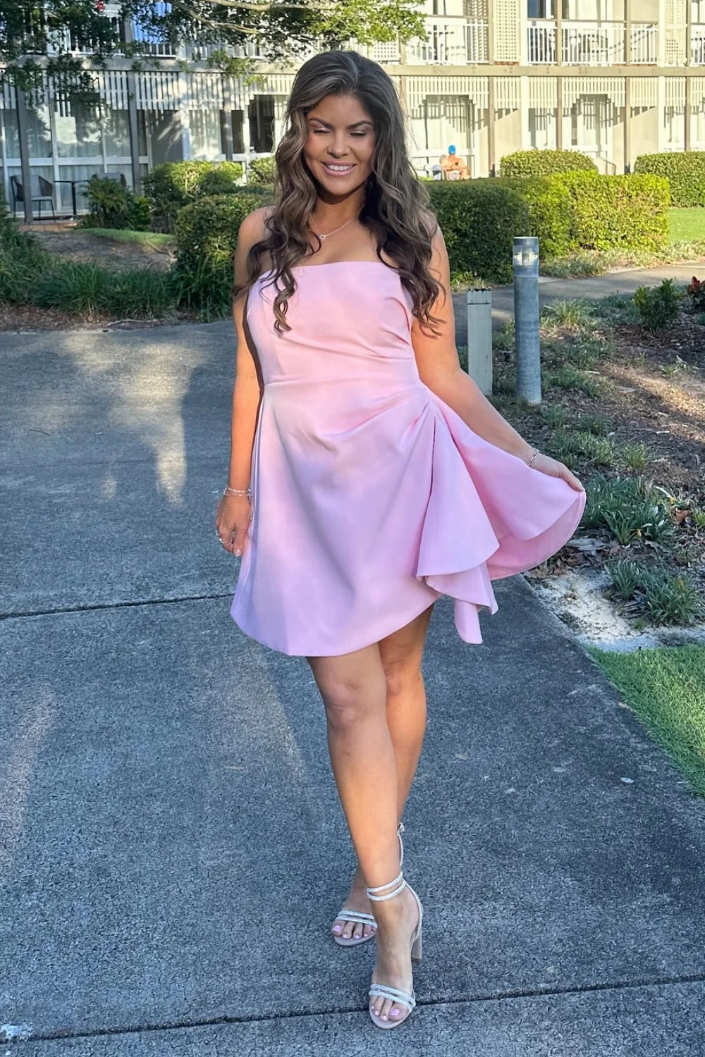 Cheap Short Homecoming Dress Pink Strapless Ruched Mychicdress