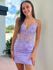 Cheap Short Lace Purple Homecoming Dress V Neck Mermaid