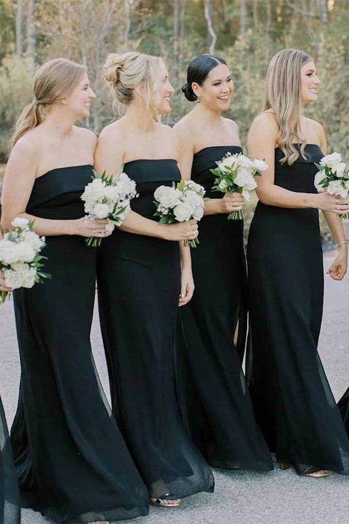 Cheap Strapless Black Bridesmaid Dress Long with Slit