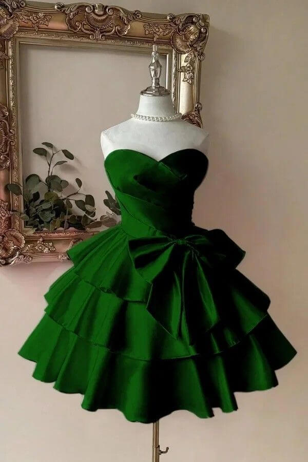 Cheap Strapless Emerald Green Hoco Dress Satin with Ruffled Skirt