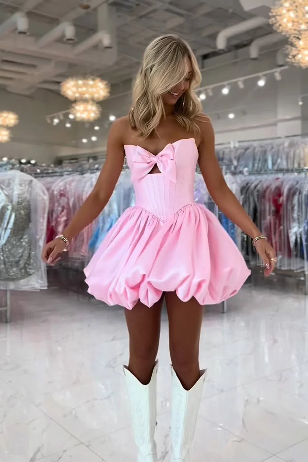 Cheap Strapless Pink Cocktail Dress Satin Homecoming Dress with Bow