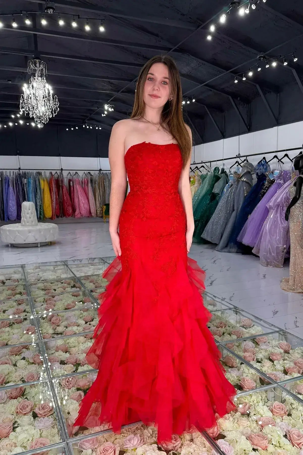 Vestidos de fiesta de encaje rojo con volantes, sin tirantes, baratos, vestido formal largo de tul sirena