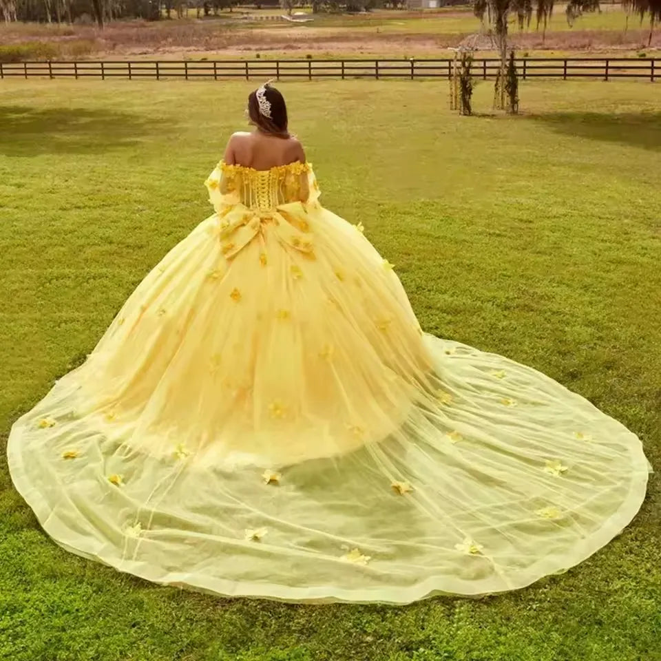 Cheap Vestidos 15 Anos Yellow Quinceanera Dress With 3D Flower