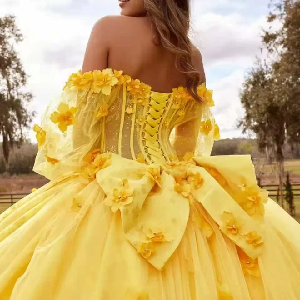 Cheap Vestidos 15 Anos Yellow Quinceanera Dress With 3D Flower