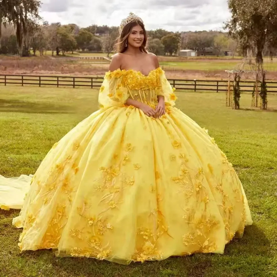 Cheap Vestidos 15 Anos Yellow Quinceanera Dress With 3D Flower