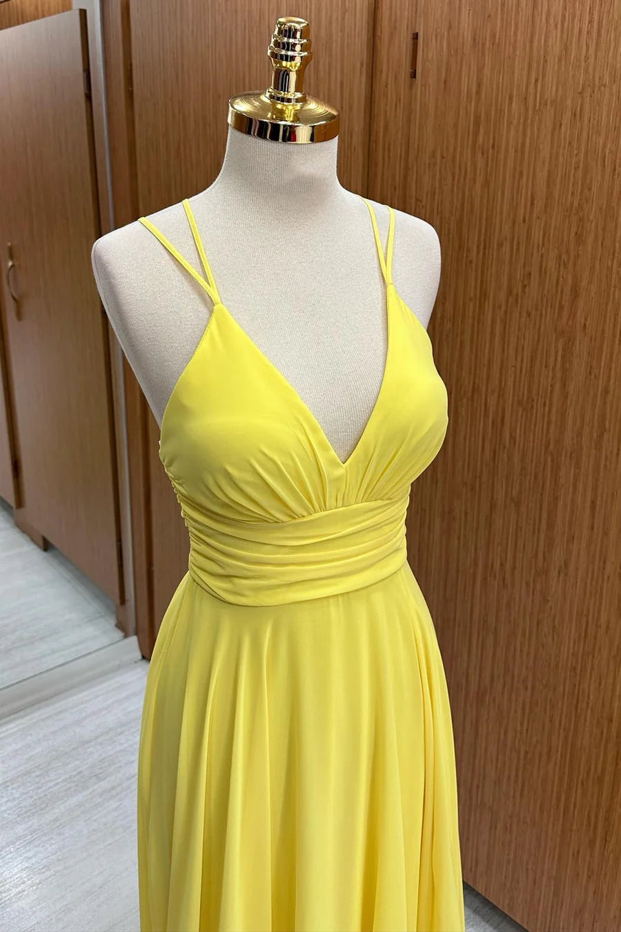 Chiffon Yellow V-Neck Bridesmaid Dress for Summer Wedding Cross Back Mychicdress