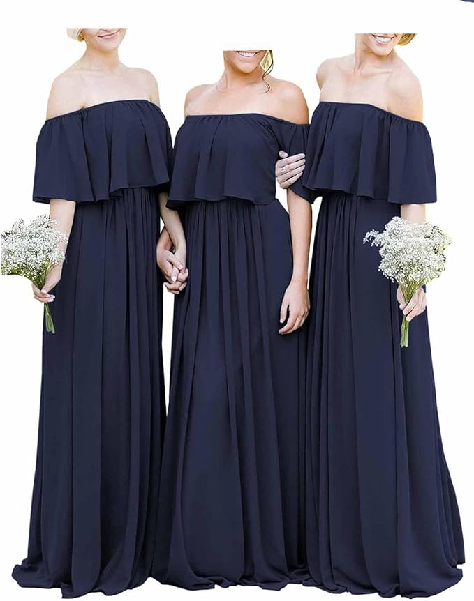 Cheap Long Off the Shoulder Burgundy Chiffon Boho Bridesmaid Dresses