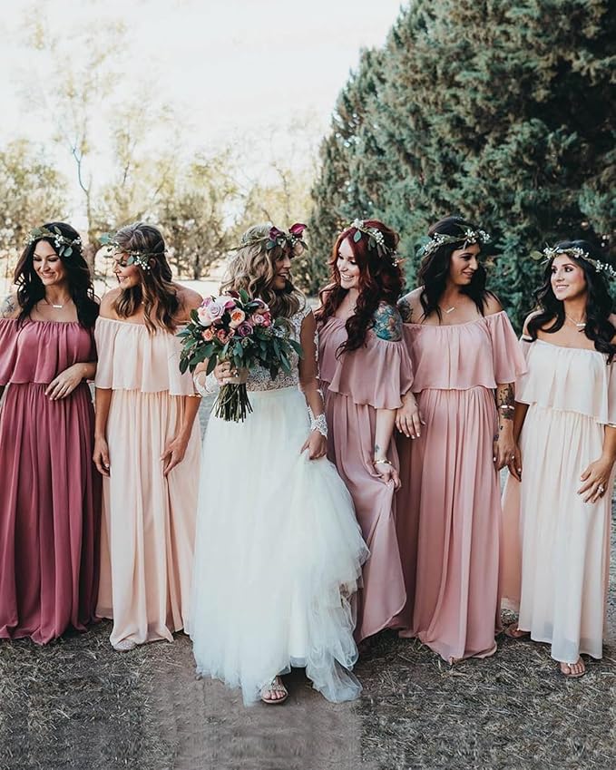 Cheap Long Off the Shoulder Burgundy Chiffon Boho Bridesmaid Dresses