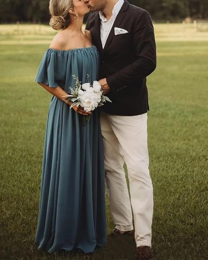 Cheap Long Off the Shoulder Burgundy Chiffon Boho Bridesmaid Dresses