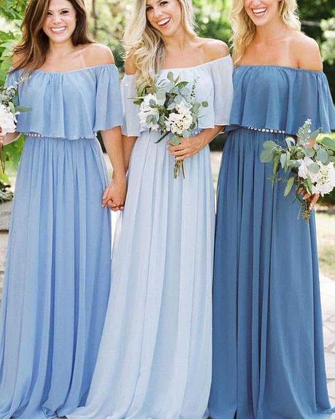 Cheap Long Off the Shoulder Burgundy Chiffon Boho Bridesmaid Dresses