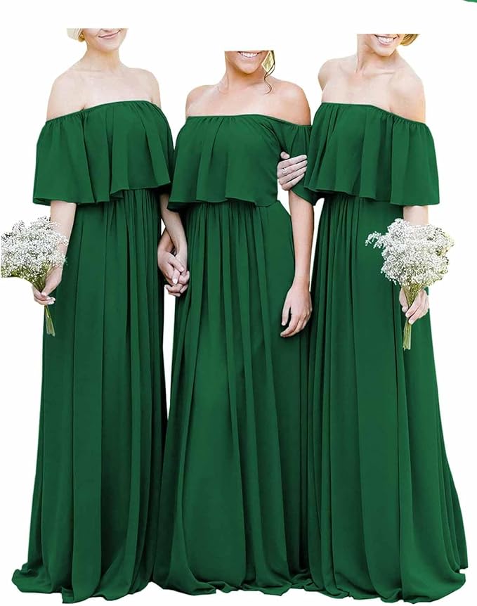 Cheap Long Off the Shoulder Burgundy Chiffon Boho Bridesmaid Dresses