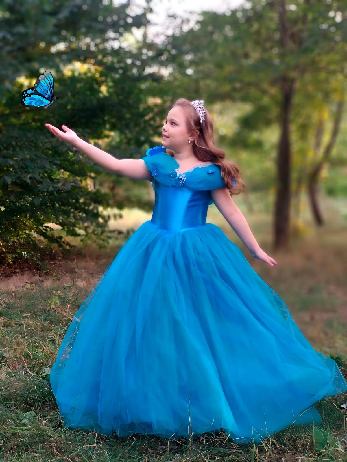 Princess Little Girl Dress Royal Blue Off the Shoulder Tulle Butterfly