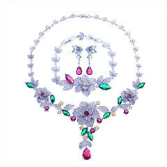 Emerald Green Flower Bracelet Necklace Jewelry Set