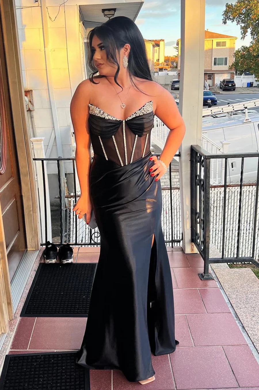 Corset Emerald Green Prom Dress Strapless with Crystal Beaded High Slit