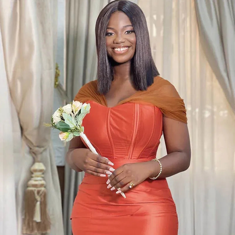 Corset Burnt Orange Bridesmaid Dresses Satin Mermaid with Tulle Straps