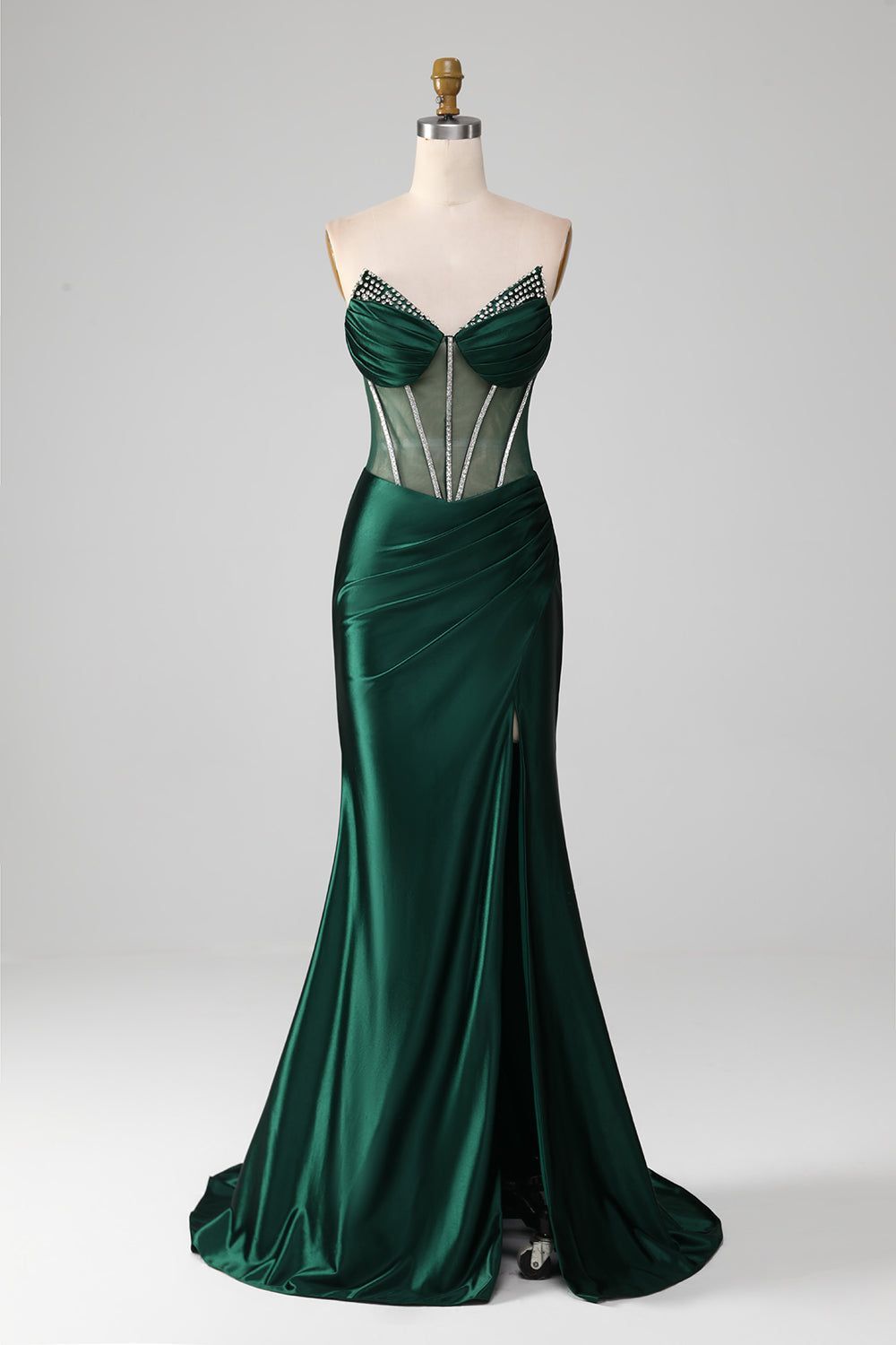 Corset Emerald Green Prom Dress Strapless with Crystal Beaded High Slit