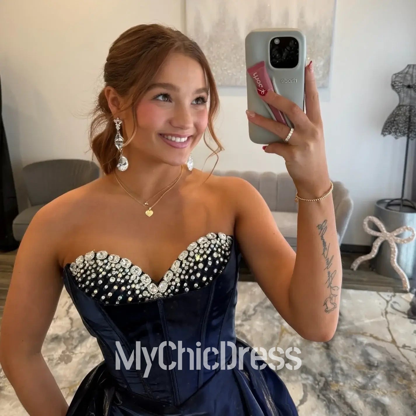 Strapless Corset Evening Gown Satin Beaded Navy Blue Prom Dresses with Slit